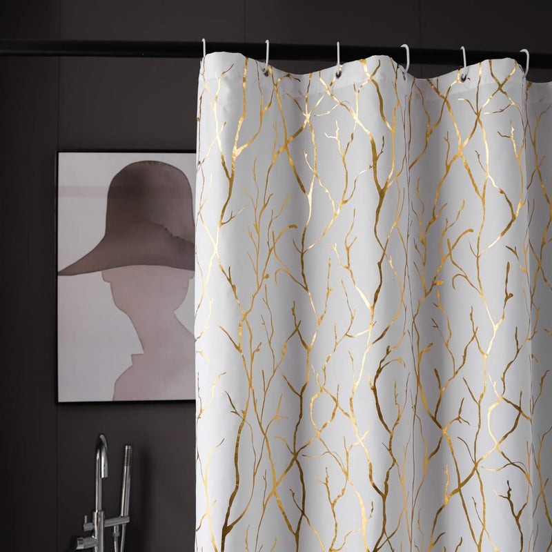 FINECITY White Shower Curtain with Gold Branch Pattern 12 Hooks Included, 72 x 72 Inch, 1 Panel - Image 2